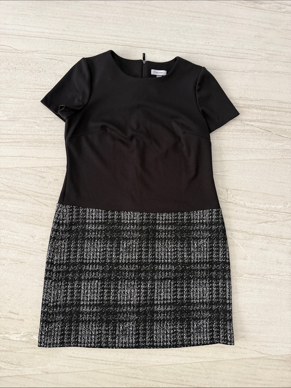 Like new Calvin Klein Black Short-Sleeve Shift Dress with Gray Tweed Skirt